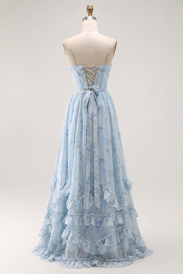 Blue Floral Corset A Line Ruffle Bridesmaid Dress
